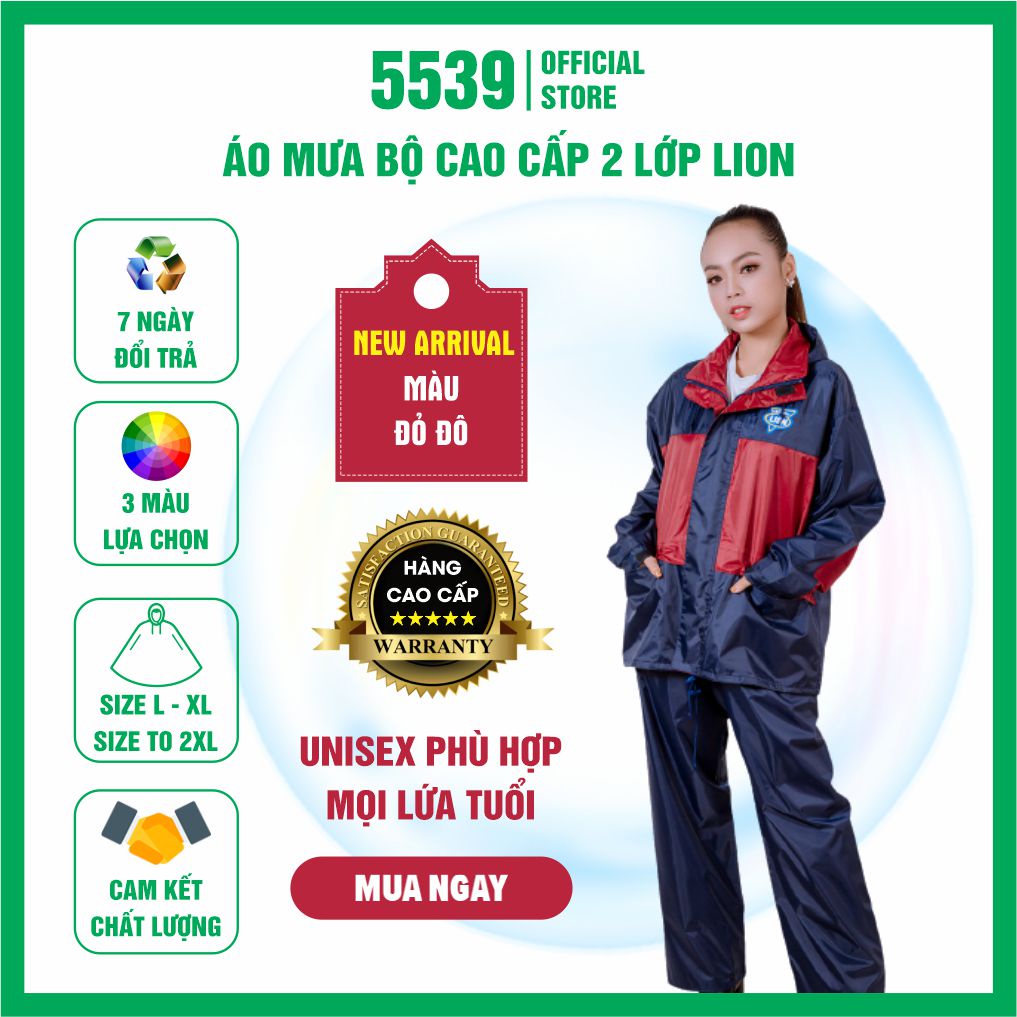 Áo mưa bộ người lớn 2 lớp cao cấp Lion, bộ áo mưa cao cấp 2 lớp chất liệu Poly PVC siêu bền không thấm nước - Shop 5539