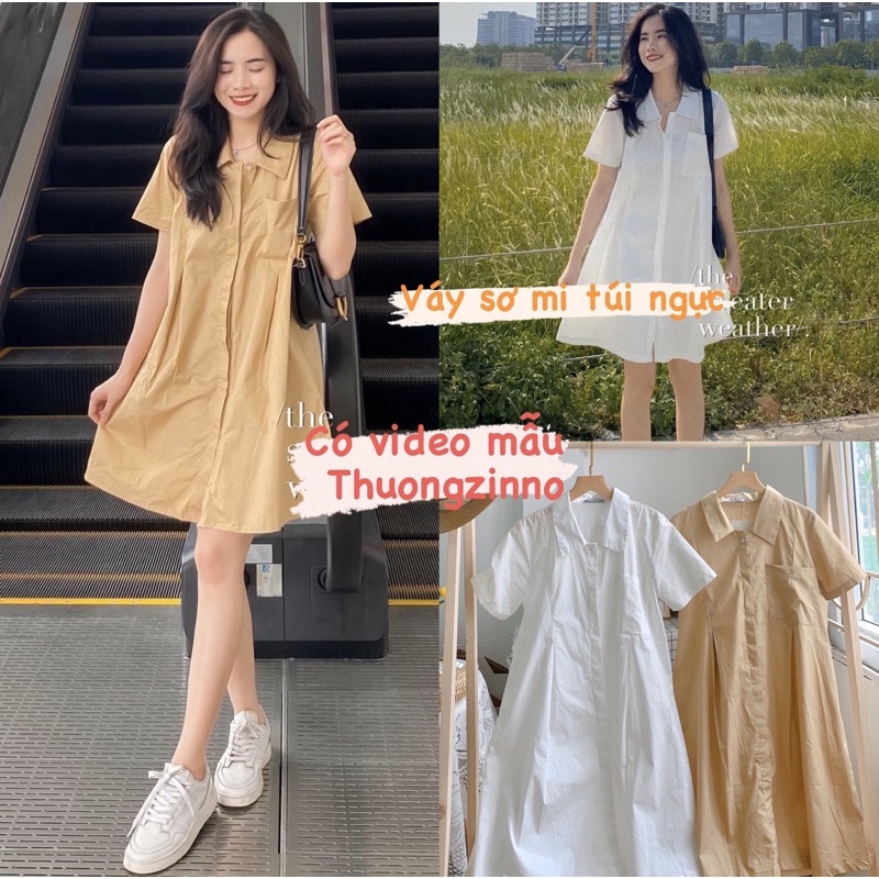 VÁY SƠ MI DÁNG BABYDOLL CÓ TÚI NGỰC SIÊU XINH VÁY SƠ MI CỔ ĐỨC DÁNG SUÔNG HÀN QUỐC