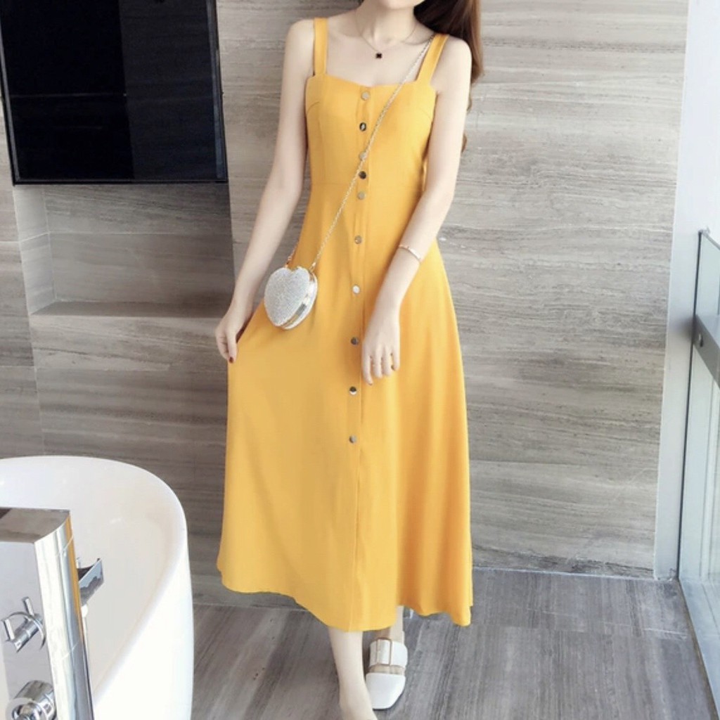 DM909 - Đầm Maxi Hai Dây Vàng Đầm Maxi Sơ Mi Form Xòe Đầm Maxi Đi Biển Đầm Hai Dây Đi Biển | BigBuy360 - bigbuy360.vn