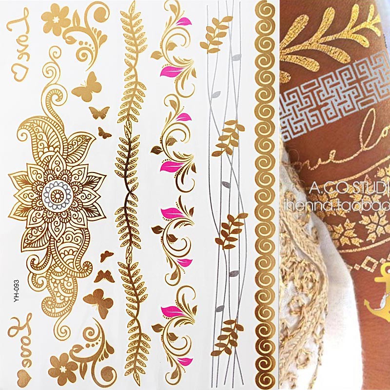 Waterproof Tattoo Temporary-Tattoo-Stick-Paster Flash Metallic Gold Silver Henna/peacock