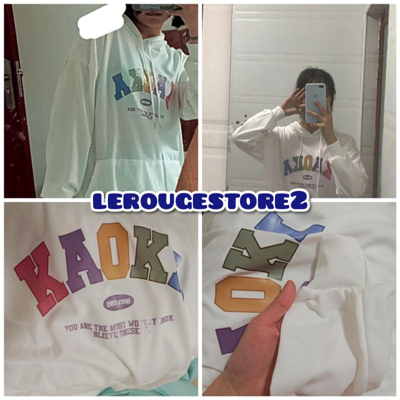 Áo hoodie dáng rộng màu trắng chất nỉ chữ Kaoka sắc màu có size local brand Trung có size xinh xắn