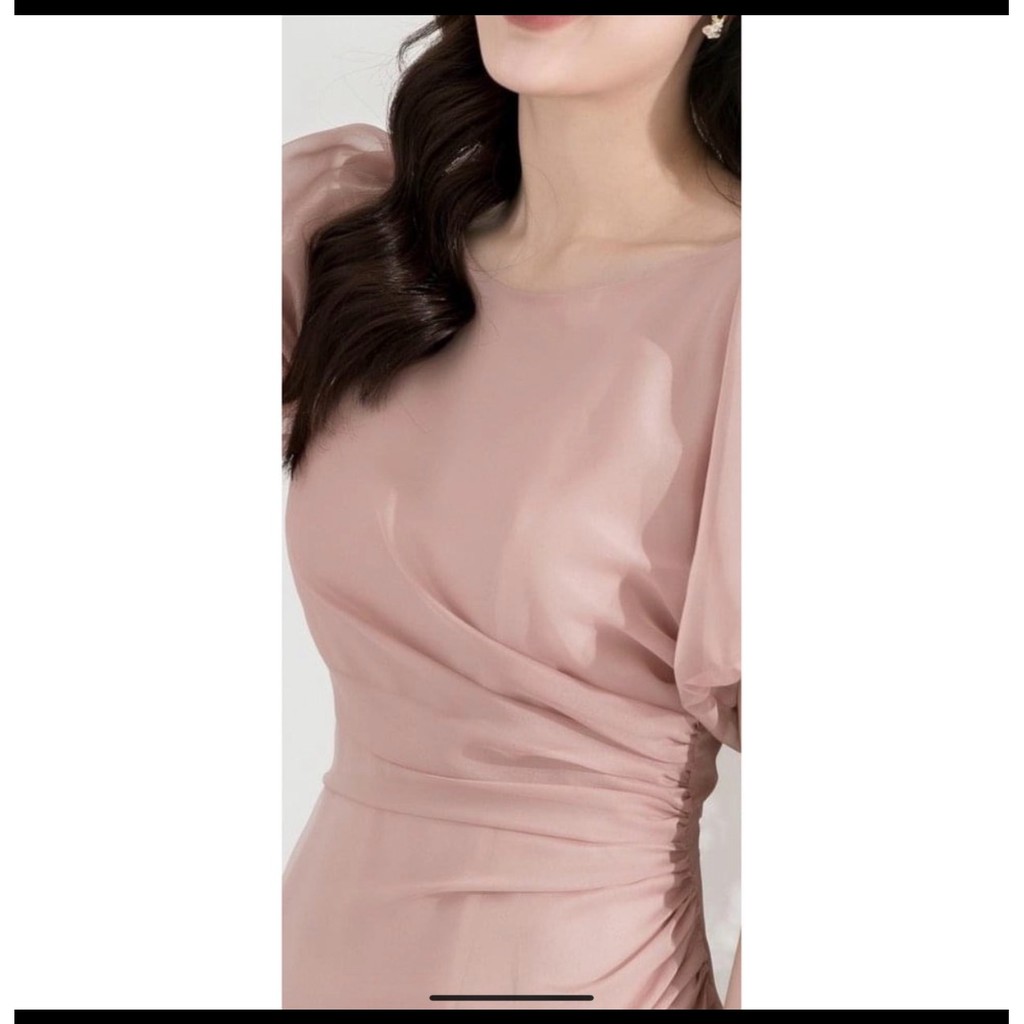 Đầm tơ thiết kế tay bồng rúm eo dáng A 2 lớp | BigBuy360 - bigbuy360.vn