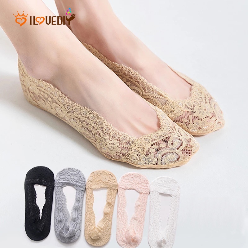 Vớ Thuyền Phối Ren Lưới Siêu Mỏng Mềm Mại Thoáng Khí Chống Trượt Thêu Họa Tiết Hoa Thời Trang Cho Nữ