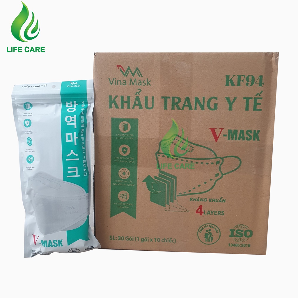 Thùng 300 chiếc Khẩu Trang Y Tế KF94 loại 4 lớp Kháng Khuẩn Lọc Sạch Bụi Mịn PM 0.25 SX Theo Công Nghệ Hàn Quốc Lifecare