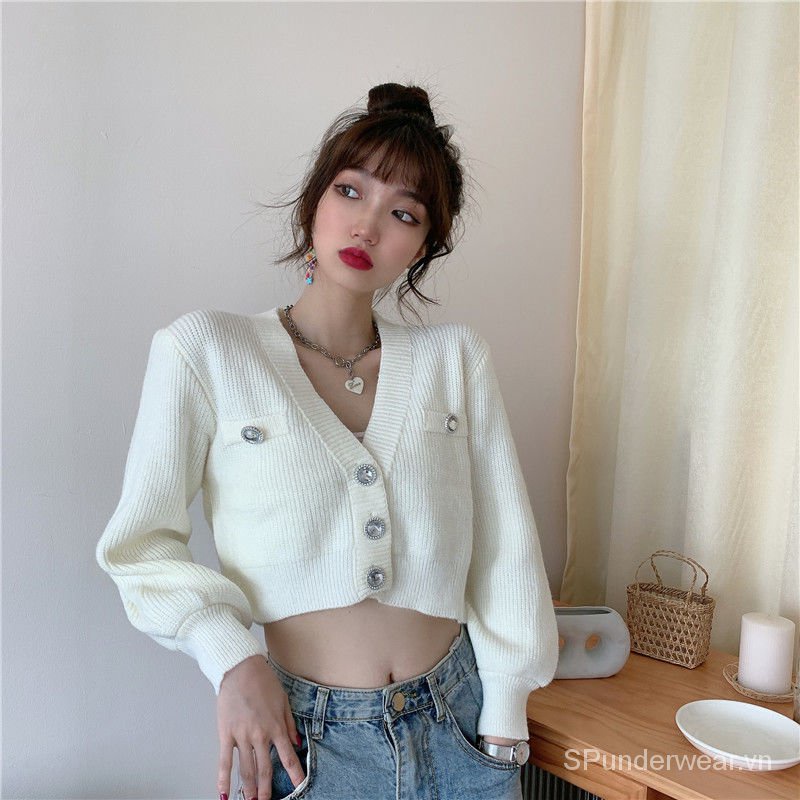 Áo khoác cardigan ngắn tay màu tím thời trang mùa thu cho phụ nữ 2021