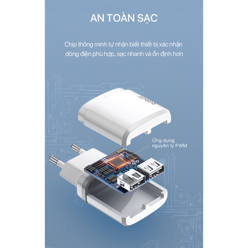 5V 2.1A, Cốc Sạc 2 Cổng USB ROBOT RT-K9 2.1A Kèm Cáp Micro 1m