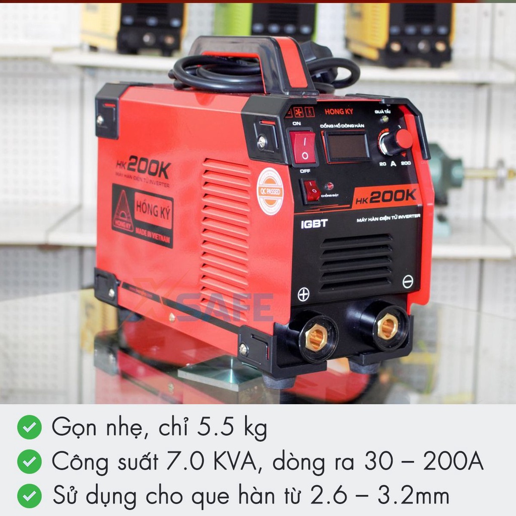 Máy hàn điện tử inverter Hồng Ký HK200K 200 ampe/chế độ chống giật cao, bảo vệ quá tải, quá nhiệt, độ nhạy cao