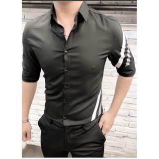 Áo sơ mi nam đen vải lụa phối sọc thời trang cao cấp hàng chuẩn shop ms 111