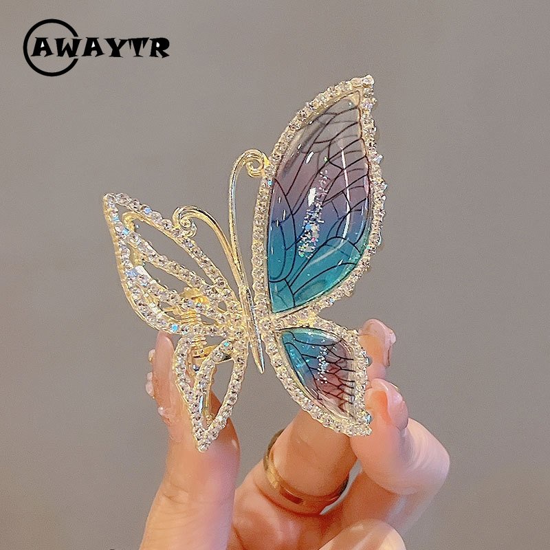 Kẹp Tóc Hình Bướm Bằng Hợp Kim Đính Đá Màu Hổ Phách Xanh Dương Thời Trang Phong Cách Hàn Quốc