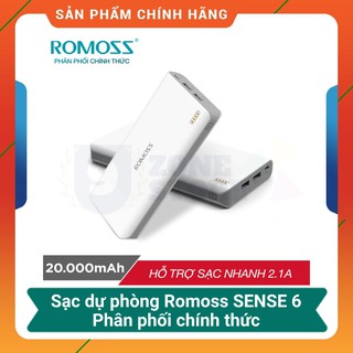 Pin sạc dự phòng Romoss SENSE 6 20.000mAh hỗ trợ cổng sạc nhanh 2.1A (Trắng) - Hãng phân phối chính thức