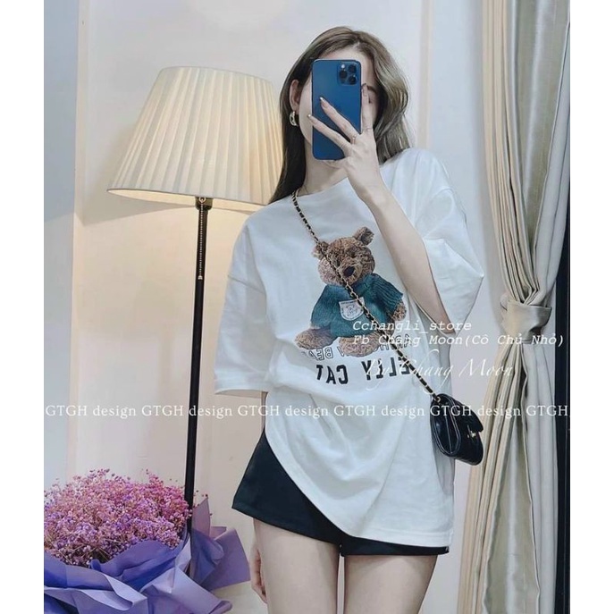 Set đồ nữ gau xanh gồm áo thun tay lỡ phom thụng rộng mix quần short đùi chất kaki mềm co giãn freesize dưới 55kg