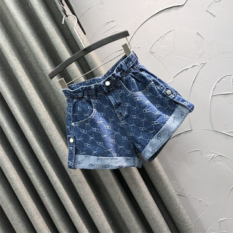 Quần short denim ống rộng eo cao in họa tiết thời trang cho nữ