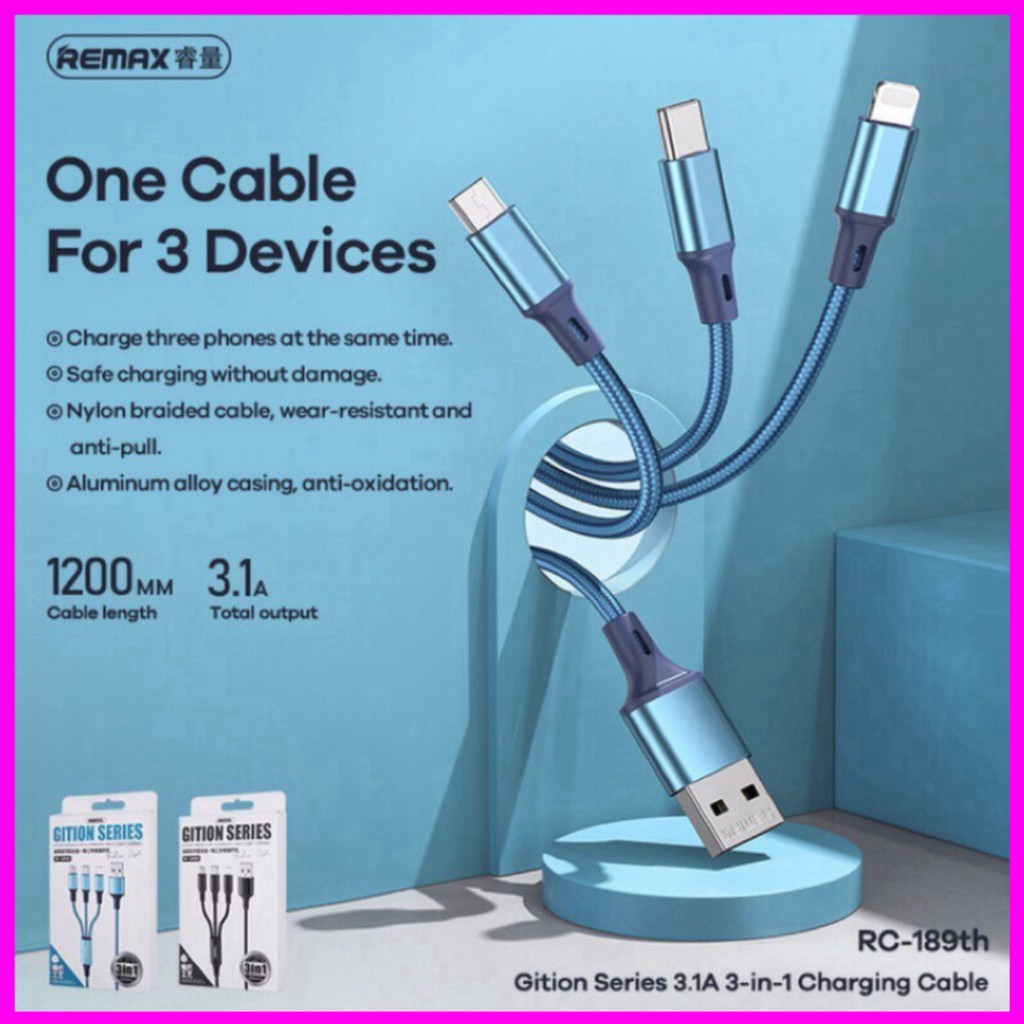 Cáp Sạc Nhanh Remax 3 Đầu RC-189th Trang Bị 3 cổng sạc Lightning + Micro USB + Type C (CHÍNH HÃNG BẢO HÀNH 1 NĂM)