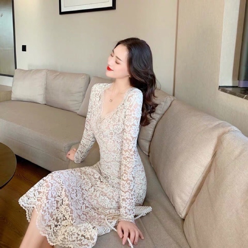 Áo đầm ren tay dài