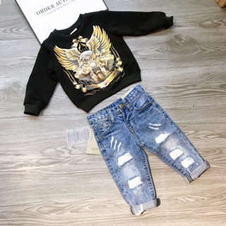 Combo set áo nỉ + quần jean rách bé trai