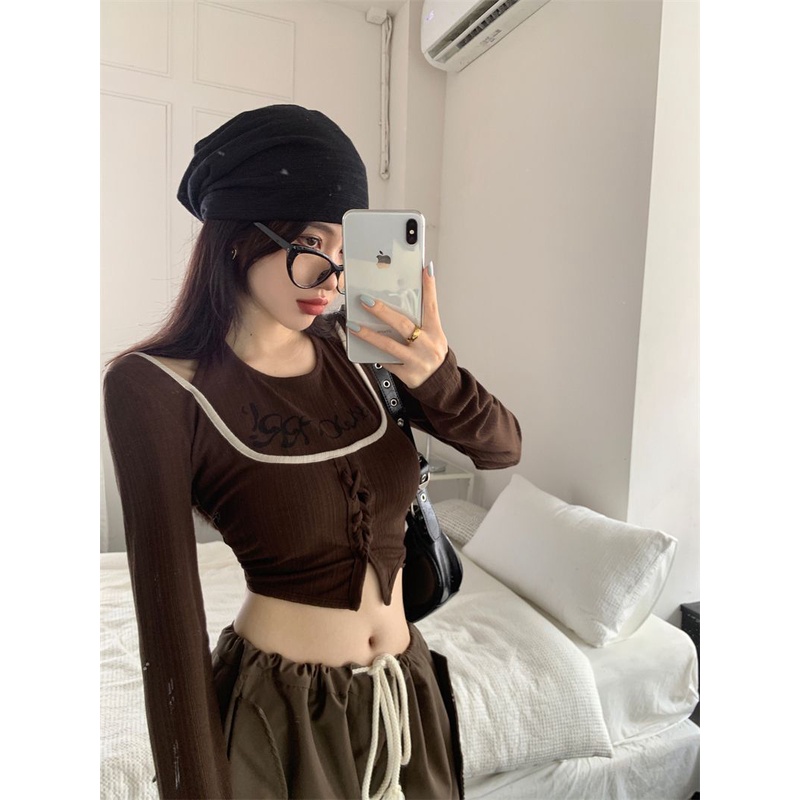 Jiashucheng Áo Thun Tay Dài Cổ Yếm Cột Dây Dáng Ôm Ngắn Phong Cách Retro Mỹ Dễ Phối Đồ Thời Trang Mùa Thu Dành Cho Bạn Nữ