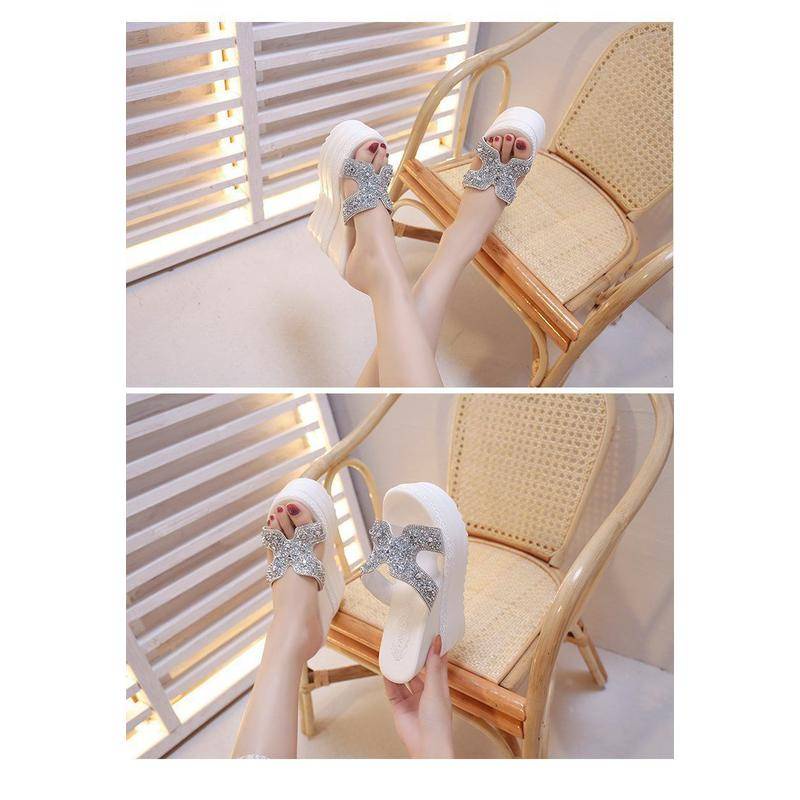 Dép Đế Dày 12cm Không Thấm Nước Đính Đá Lấp Lánh Thời Trang Mùa Hè