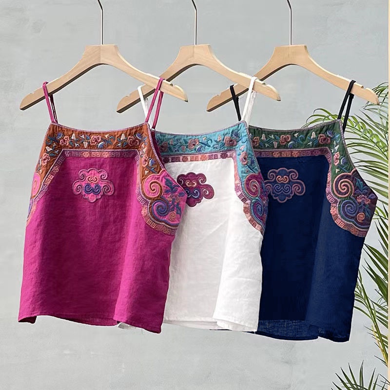 Áo Hai Dây Dáng Rộng Vải Cotton Lanh Thêu Họa Tiết Kiểu Retro Thời Trang Mùa Hè Cho