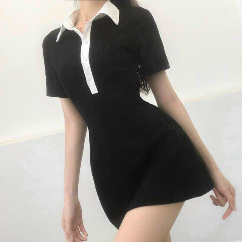 Đầm Polo Nữ Đen Xòe Dáng Ôm 🦋 Váy Polo Nữ Cổ Phối Trắng Chất Borip Dáng Chữ A Ngắn Body 🦋