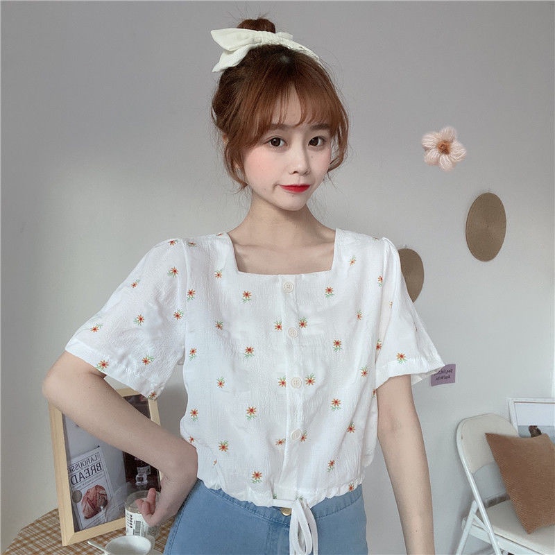 Áo Sơ Mi Ngắn Tay Cổ Vuông Họa Tiết Hoa Mẫu Mới 2022 Thời Trang Mùa Hè Cho Nữ