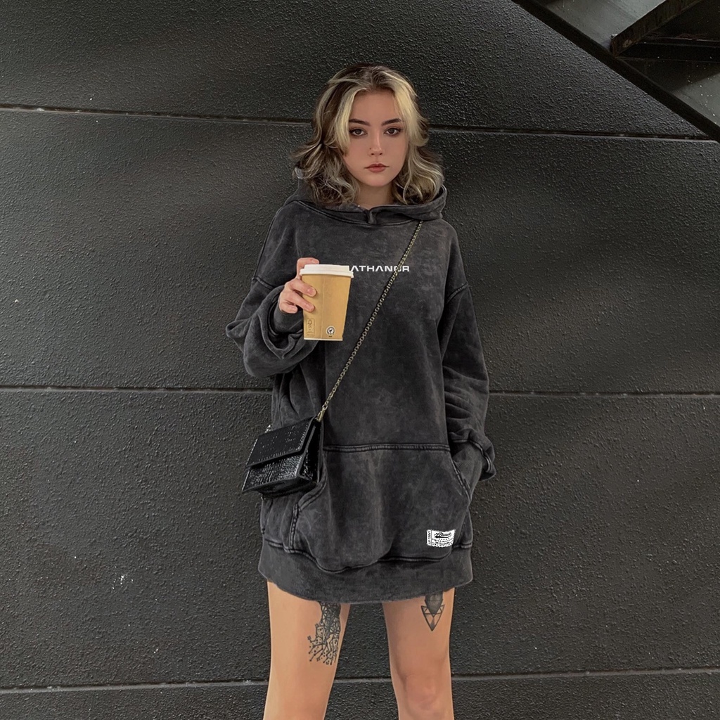 Áo hoodie wash ATHANOR chất nỉ chân cua 100%cotton premium mẫu in logo nổi basic màu loang xám