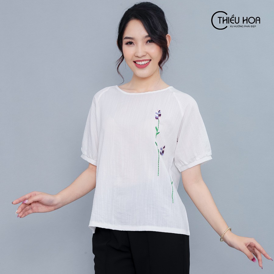 Áo Kiểu Nữ Linen Tay Bồng Thiều Hoa Y969
