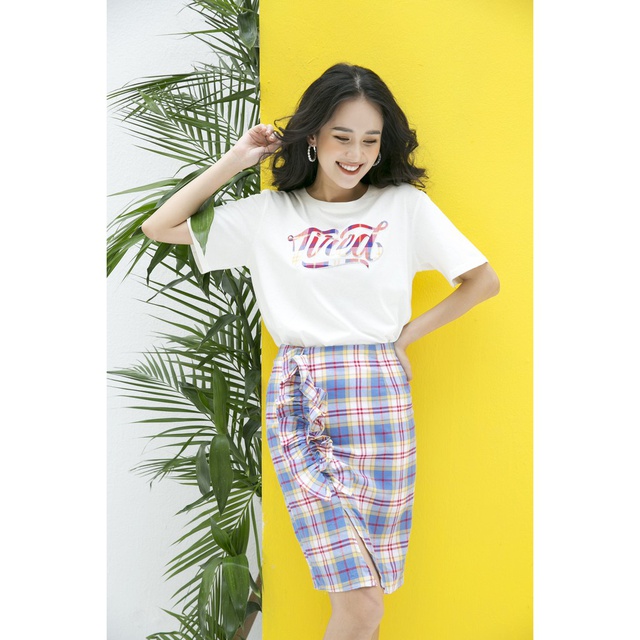 [Mã FASHIONIFU200 giảm 0.4 đơn 449k] Chân váy ôm kẻ phối nơ xếp IFU 2474 xanh đỏ