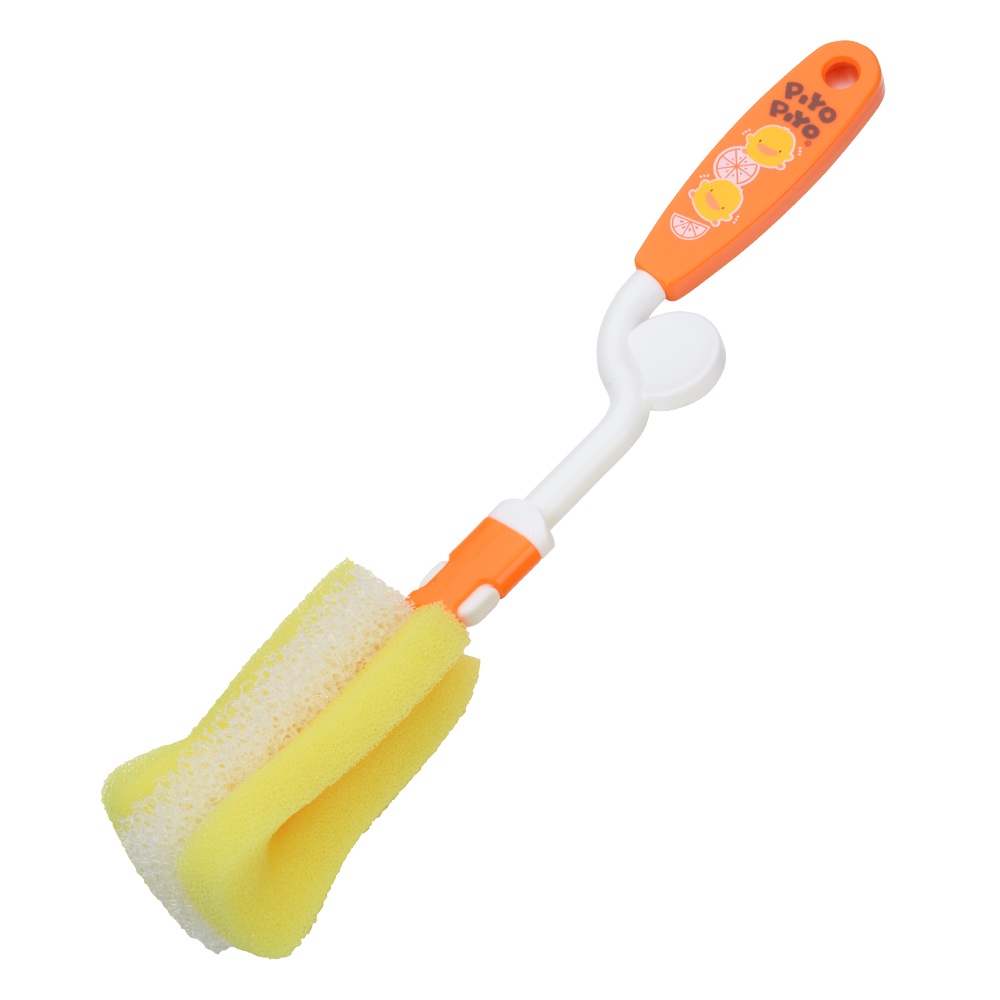 Cây cọ rửa bình sữa Piyo Piyo, tay cầm trên thân có nấc, đầu cọ rửa bằng mút xốp, kèm đầu cọ thay thế