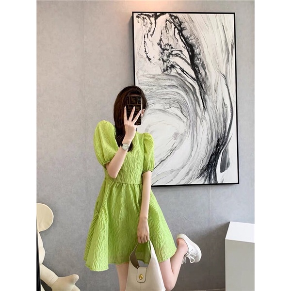 Đầm Babydoll Màu Xanh Vải Sần Xoè Xinh Xắn