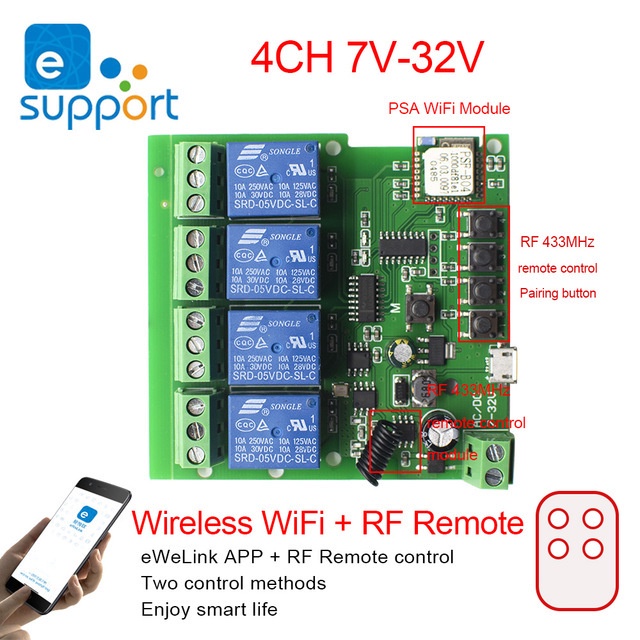 Công tắc Wi-Fi 4 kênh 5-32VDC App Ewelink, 433Mhz điều khiển từ xa cho nhà thông minh