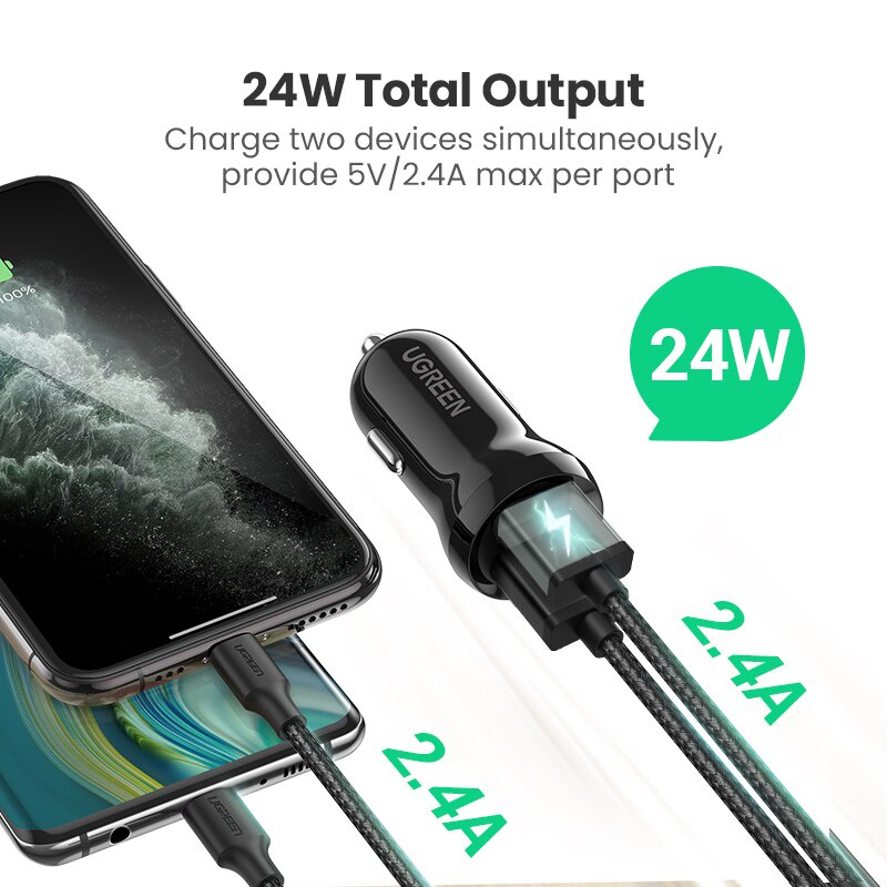 Tẩu Sạc Ô Tô Ugreen Mini 24w 2 Cổng USB , Sạc Nhanh , Kích Thước Siêu Nhỏ Gọn 50875