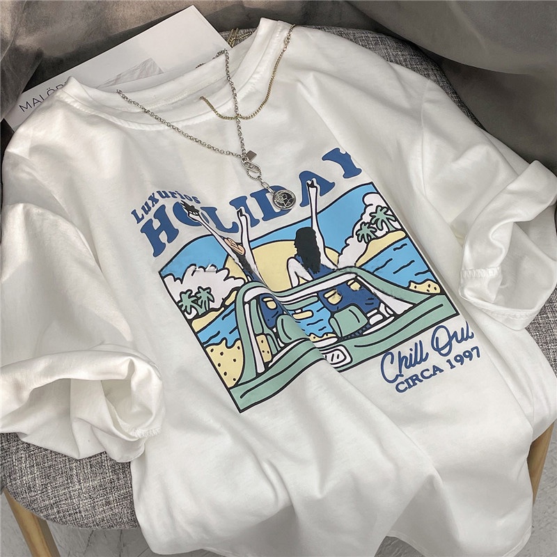 NRVP Áo thun cotton tay ngắn cổ tròn thời trang mùa hè phong cách Hàn Quốc cho nữ