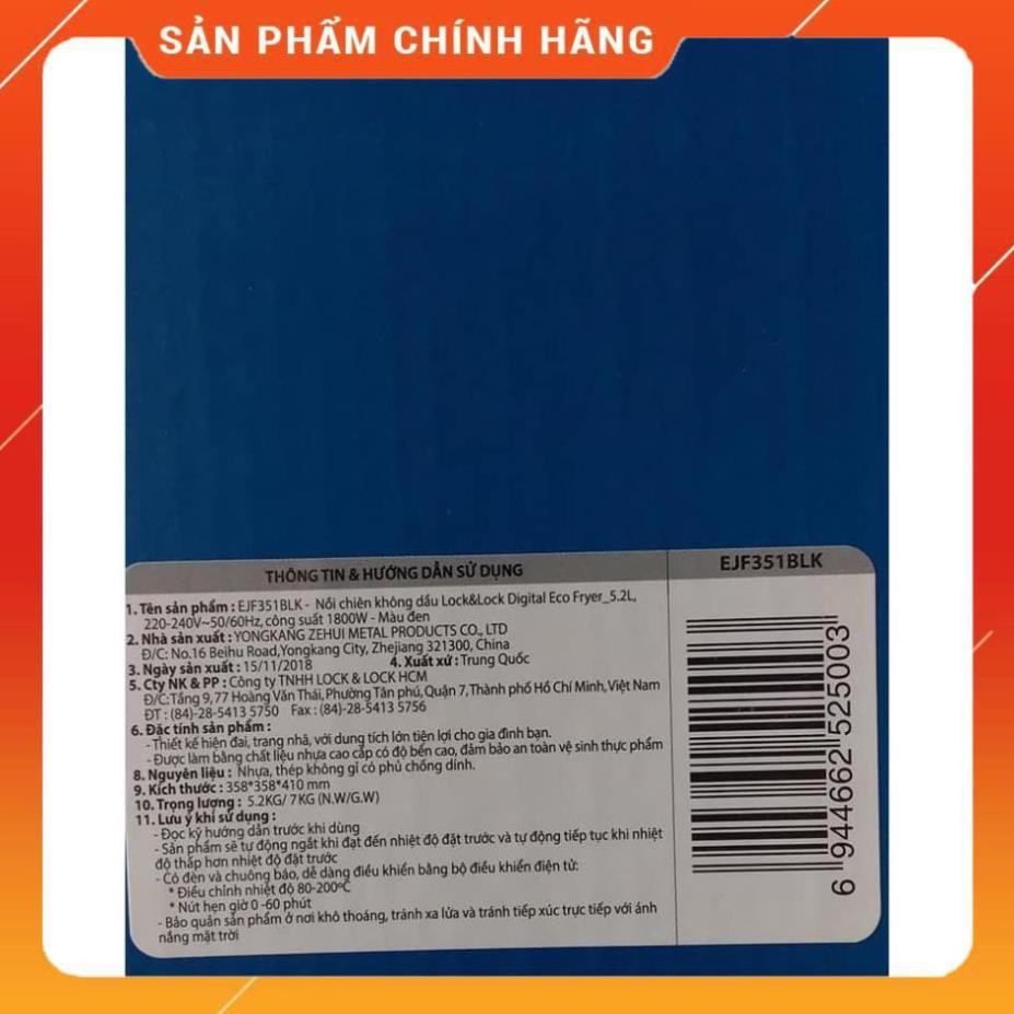 ♥️ NỒI CHIÊN KHÔNG DẦU ĐIỆN TỬ LOCK&LOCK EJF351BLK (5.2L) (Màu đen) - Hàng chính hãng - Bảo hành 12 tháng