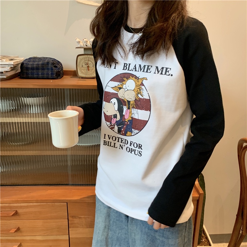 Áo Thun Tay Dài Dáng Rộng In Họa Tiết Hoạt Hình Phối Màu Xinh Xắn Thời Trang Mùa Thu