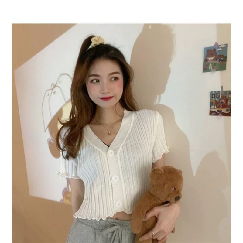 áo thun nữ croptop tay ngắn cỗ chữ V siêu xinh dễ thương