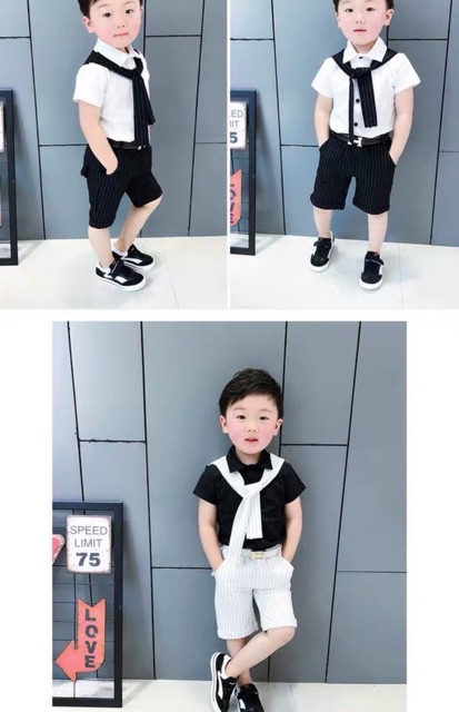 Set bé trai vải áo đũi kết hợp với quần thô mang đậm phong cách Hàn quốc