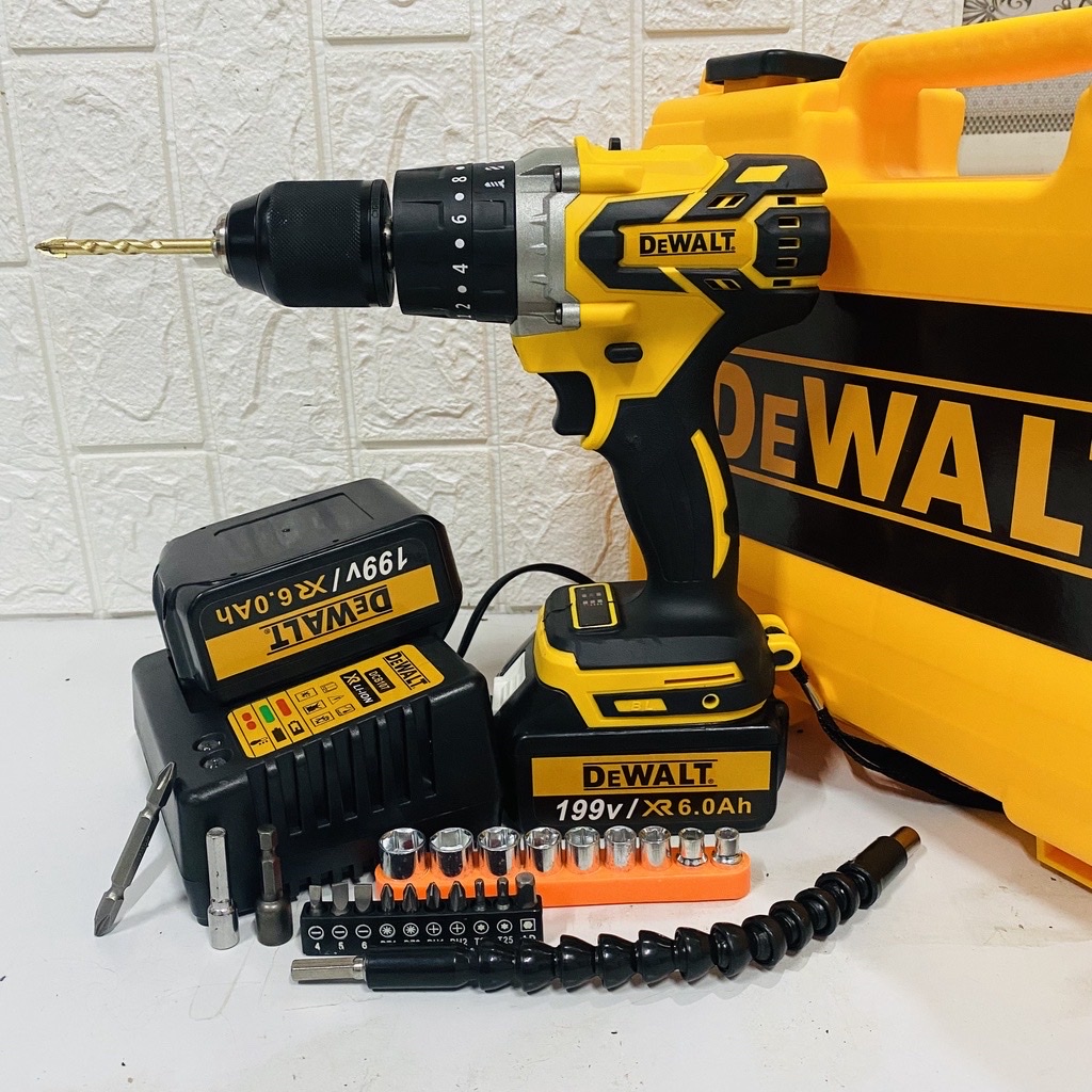 Máy Khoan Pin DeWaLT 199V động cơ KHÔNG CHỔI THAN, tặng bộ mũi khoan cao cấp