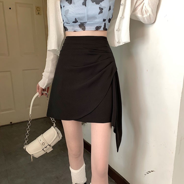 Chân váy A cách điệu vạt chéo bên hông, chân váy nữ dáng ngắn cạp cao 2 màu nâu đen Okella CV009 (có ảnh thật)
