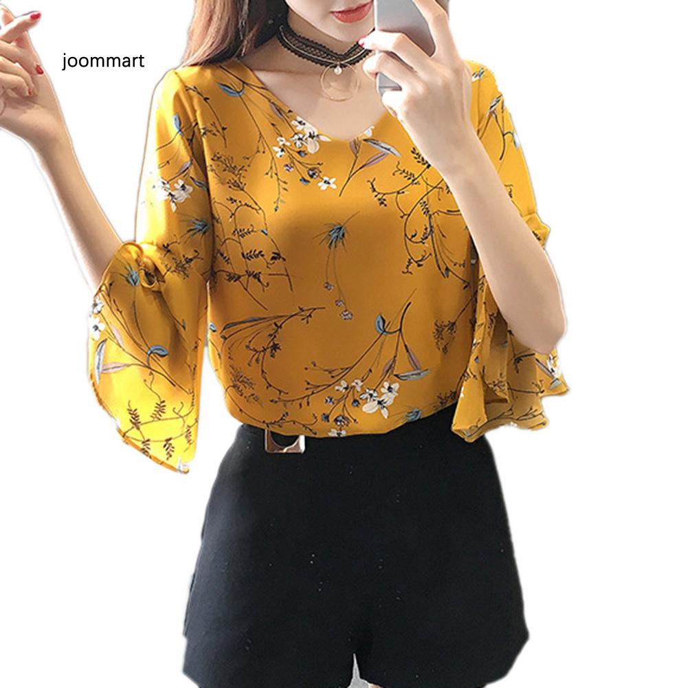 Áo Sơ Mi Chiffon Tay Lỡ Cổ Chữ V In Họa Tiết Hoa Thời Trang Công Sở Cho Nữ