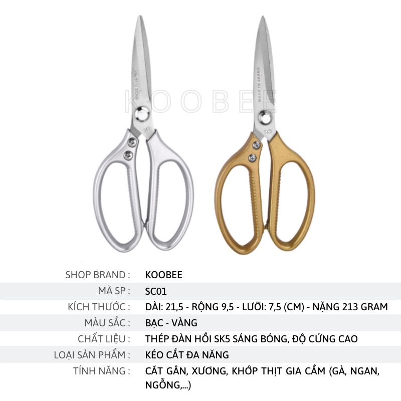 Kéo cắt gà nội địa Nhật cao cấp KOOBEE - Kéo làm bếp đa năng chống rỉ siêu cứng