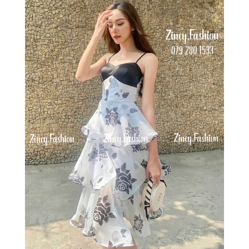 Đầm maxi 2 dây đi biển đi tiệc xoè tầng Váy hoa midi màu đen 2 lớp cao cấp ĐTANG.001