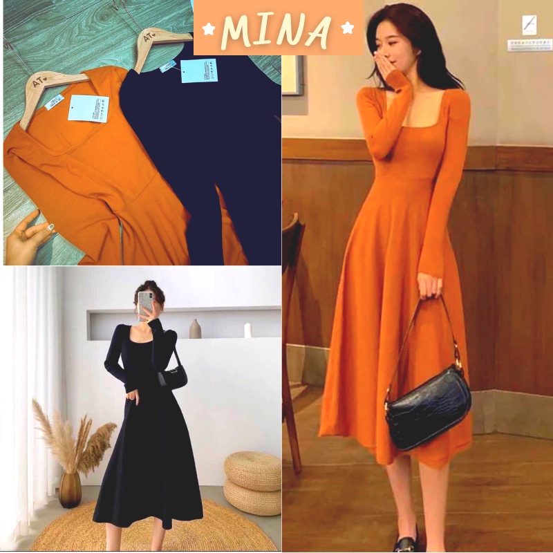Đầm Dệt Kim Dài Tay,Váy Cổ Vuông Mùa Đông Thời Trang Nữ Hàn Quốc V22