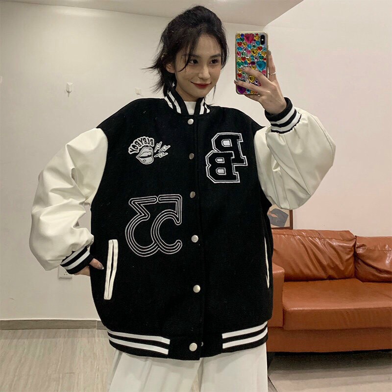 Áo Khoác Bomber Nữ PB Vải Dù 2 Lớp In Chữ 3 Màu Phối Tay Trắng Form Rộng Mặc Đẹp Hot Trend NEW UNISEX