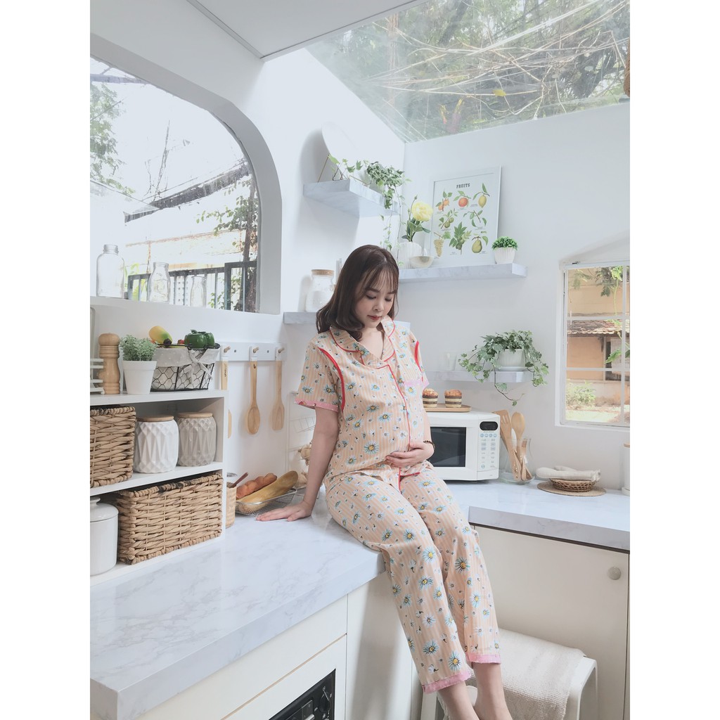 Bộ dài/pijama bầu và sau sinh cho bé bú/ti chất lụa thái cao cấp không nhăn - LTNT06