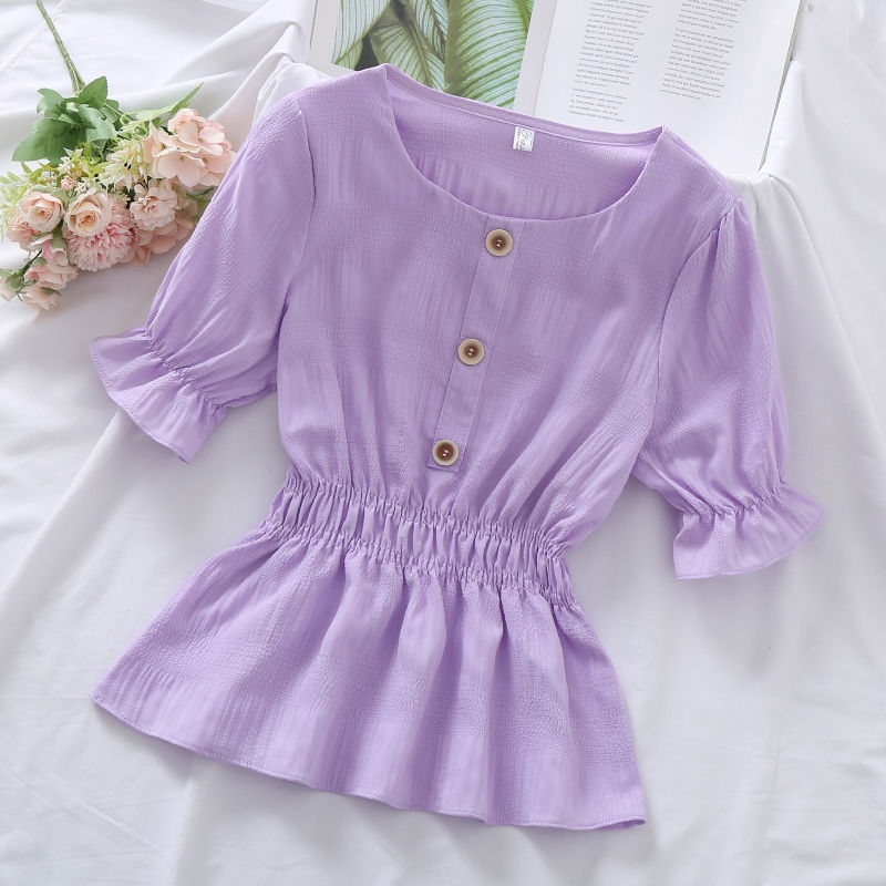 Áo Sơ Mi Trơn Ngắn Tay 162548 Áo Sơ Mi Mỏng Thắt Eo Thiết Kế Gấp Được Dễ Phối Đồ