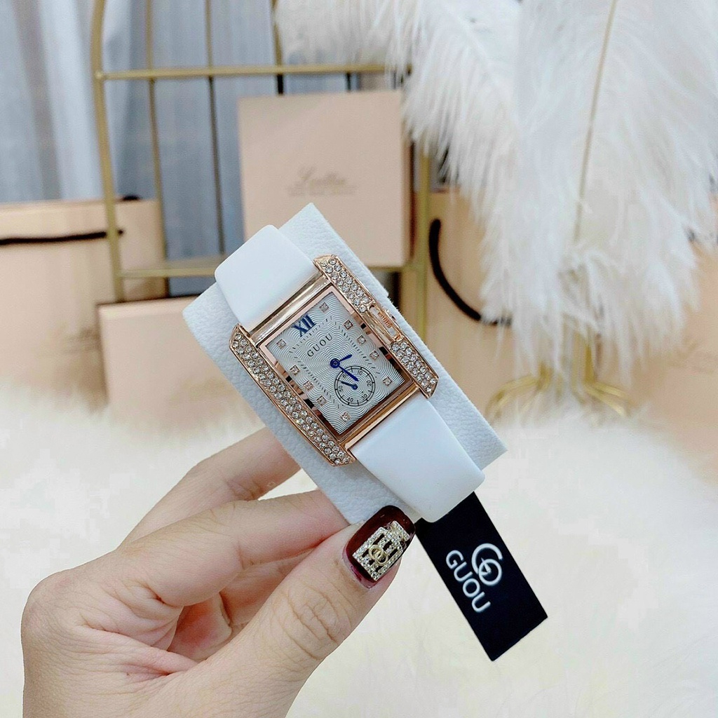 Đồng hồ nữ guou quai silicol mặt chữ nhật đính đá siêu hot kèm video ảnh thật