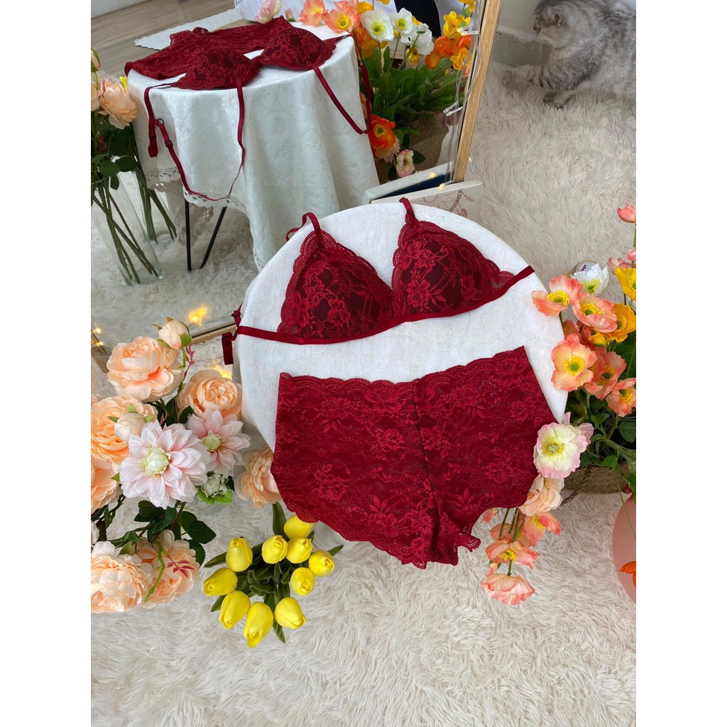 Bộ đồ lót ren đùi đỏ tươi Sexy✨ FREESHIP ✨Bộ đồ lót đùi Bralette đỏ có mút mỏng không gọng , ren cao cấp thoáng khí | BigBuy360 - bigbuy360.vn