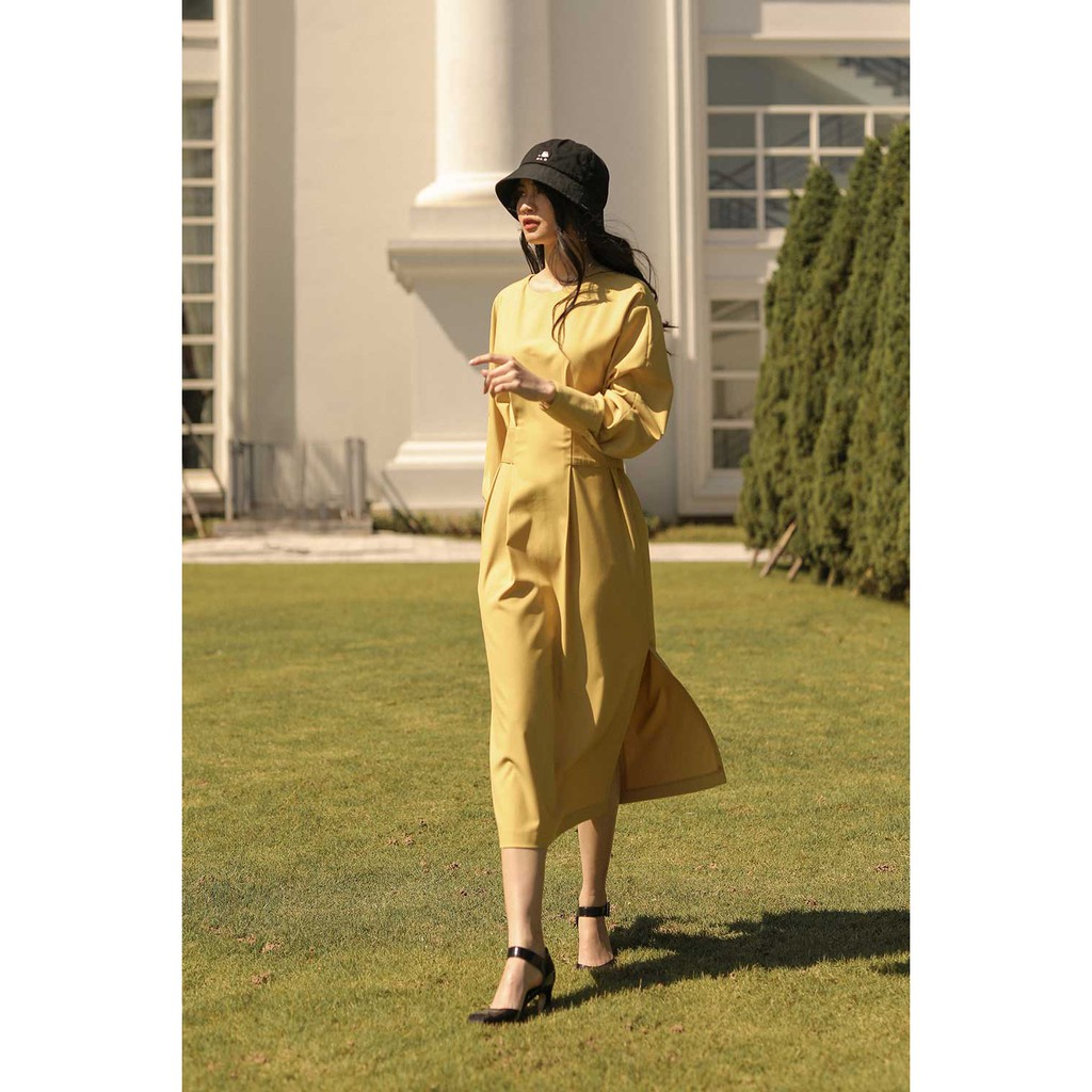 Váy đầm nữ xếp ly tà, đai eo sau lưng, cổ tròn, tay dài hàng thiết kế cao cấp TK Fashion - DK B47