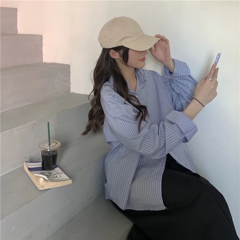 Áo Sơ Mi Tay Dài Dáng Rộng Họa Tiết Kẻ Sọc Thời Trang Pháp 2022 Mới