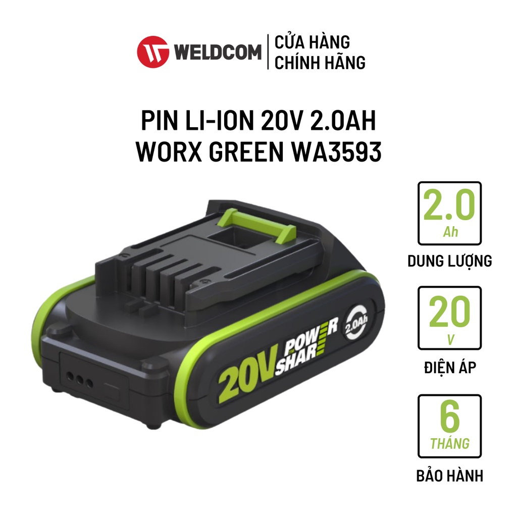 Pin Li-ion 20V 2.0Ah WORX GREEN WA3593 Có Đèn Báo Dung Lượng Pin Chính Hãng